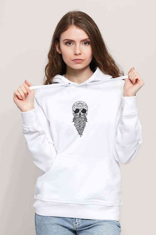 Sakallı Skull Siyah Baskılı Beyaz Kadın Kapşonlu Sweatshirt