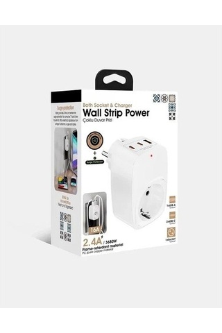 Çeşithane Tekli Akım Korumalı Priz 2x Type-c 1x Usb Duvar Tipi Şarjlı Priz 2