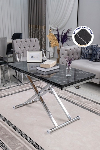 Home Üst Tabla Mdf Siyah Mermer Oval Köşe Alt Krom