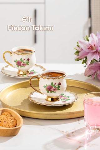 Porsima 3187 Majesty 12 Parça Yaldızlı Porselen Türk Kahve Fincan Takımı Çok Renkli
