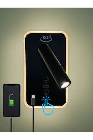 Type-c Girişli Led Duvar Okuma Lambası Başucu & Çalışma Apli... Siyah