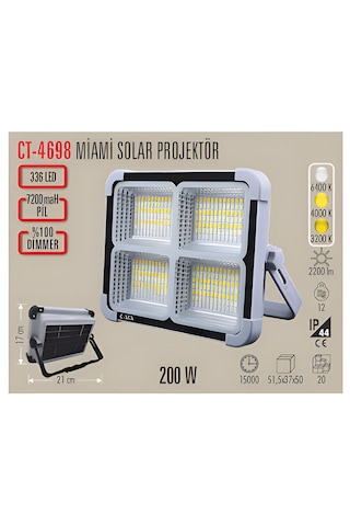 Cata Ct-4698 Solar Projektör 200w Şarjlı Led Projektör Ip65 3 Renk Modlu Dimmerli Işık