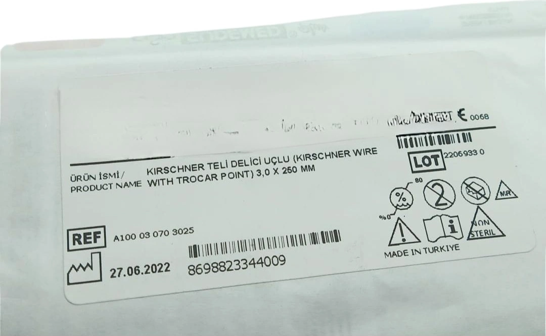 Kirschner Teli Delici Uçlu 3,0x250mm Steril Paketli Cerrahi Eğitim Ve Uygulama Materyali Çok Renkli