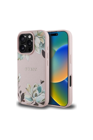 Apple Uyumlu iPhone 16 Pro Kılıf Guess Lisanslı Magsafe Şarj Özellikli Çiçek Tasarımlı Yazı Logolu Kapak Pembe