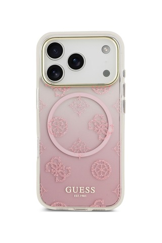 Apple Uyumlu iPhone 17 Pro Kılıf Guess Lisanslı M-safe Özellikli Simli Peony Desenli Silikon Kapak Pembe Pembe