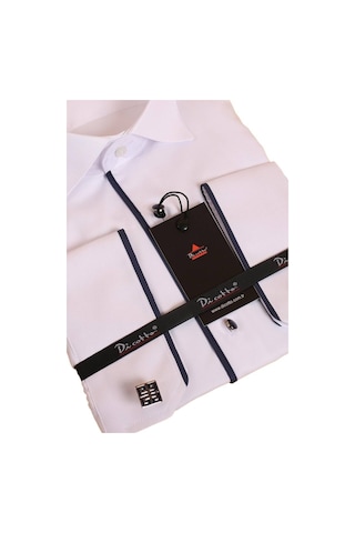 Dicotto Beyaz Lacivert Tek Bieli Damatlık Ata Yaka Kol Düğmeli Slim Fit Smokin Gömlek - 028 001