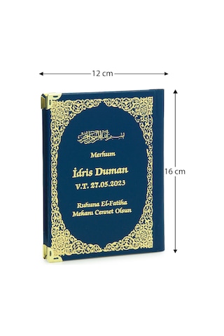 50 Adet İsim Baskılı Vav Desenli Yaldızlı Deri Ciltli Çanta Boy Yasin Kitabı Mevlüt Hediyesi 128 Sayfa Mavi