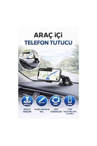 Araç İçi Telefon Tutucu Güçlü Vakumlu Ön Cam & Torpido Uyumlu Ayarlanabilir Navigasyon Tutacağı Siyah