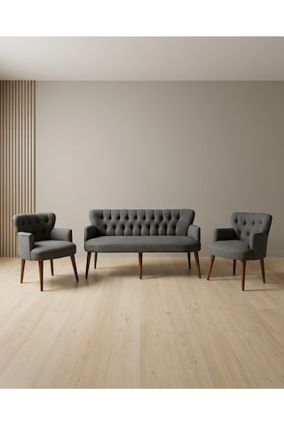 Roma 3+1+1 Keten Kumaş Balkon Ofis Çay Seti Bekleme Koltuk Takımı - Ahşap Ayak - Koyu Gri