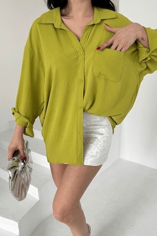 Paw Garage Kadın Perla Olive Tek Cepli Oversize Gömlek, Geniş Kalıp Gömlek, Ayrobin Gömlek Yeşil