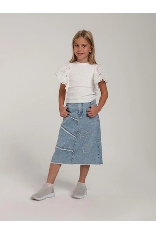 Kız Çocuk Pamuklu Kolsuz Kolları Güpür Bedeni Taşlı Bluz-15601 Beyaz