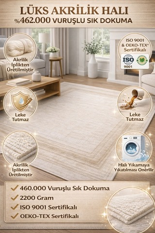 Lüks Krem Akrilik Halı 462.000 Vuruş Sık Dokuma 2200 Gr Leke Tutmaz Modern Salon Halısı