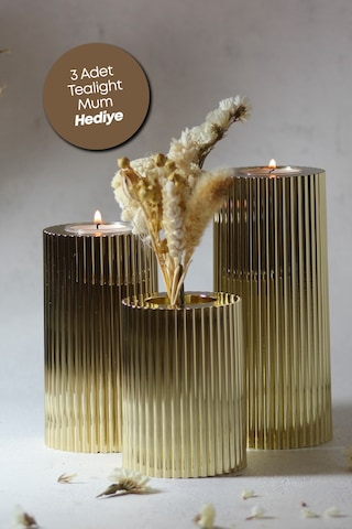 3 Lü Gold Krom Tırtıklı Yüzey Mumluk Dekoratif Tealight Set Mum