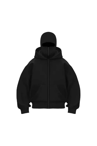 Kadın Samuray Ninja Çift Kapşonlu Zıp Fermuarlı Kanguru Çepli Hoodie Maske Detaylı Swetshirt - Siyah Siyah