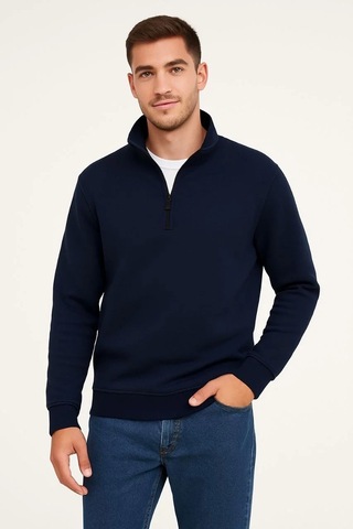 Cvs Giyim Erkek Dik Yaka Sweatshirt Dik Yaka Yarım Fermuarlı 3 İplik Şardonlu Pamuk Kumaş - Lacivert Lacivert