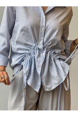 Önü Büzgü Detaylı Çizgili Gömlek Mavi
