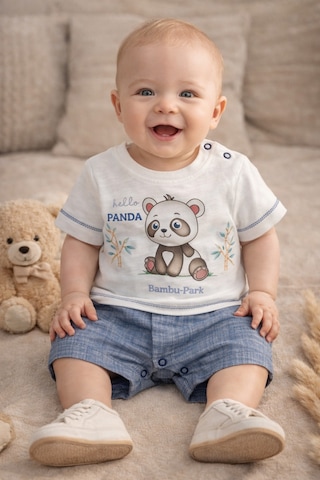 Uğur Bebe Bebessi Erkek Bebek Panda Baskılı Şambre Yazlık Tulum %100 Pamuk Şortlu Bebek Tulum Ekru Mavi Ekru Mavi