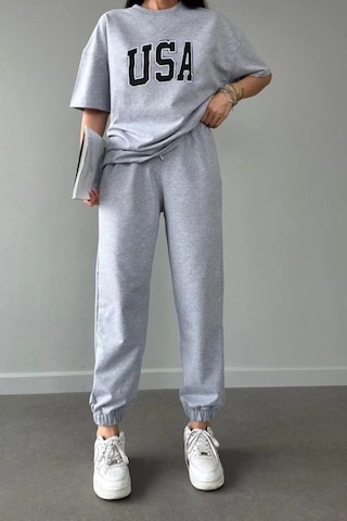 Usa T-shirt Eşofman Altı Jogger- Gri Baskılı Alt Üst Eşofman Takım Oversize Bisiklet Yaka Gri
