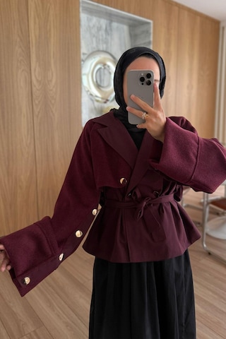 Kahijab Gold Düğme Kolları Kaşe Trençkot - Bordo