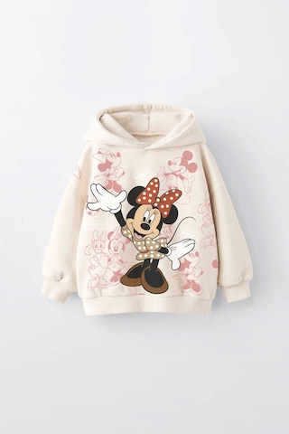 Kız Çocuk Minnie Baskılı Kapüşonlu Manşetli Sweatshirt Krem