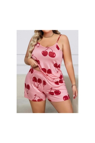 Kapsulavm Büyük Beden Pembe Kiraz Desen İnce Askılı Pamuklu Şortlu Pijama Takımı Pembe
