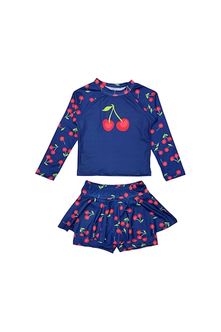 Lolliboomkids Kız Çocuk Lacivert Renk Kiraz - Cherry Desenli Uzun Kollu Tayt Etekli 2 Parça Mayo / Bikini Takımı Kiraz Bordo