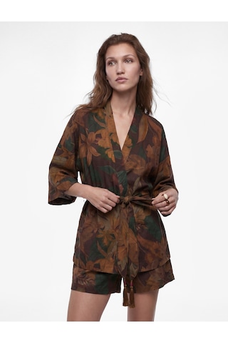 Koton Koton X Melis Ağazat - Püsküllü Kuşak Detaylı Floral Desenli Kimono Kahverengi Desenli 6sak50039ew