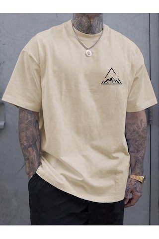 Üçgen Dağ T-shirt - Bej Baskılı Oversize Bisiklet Yaka Kısa Kol Tişört Bej
