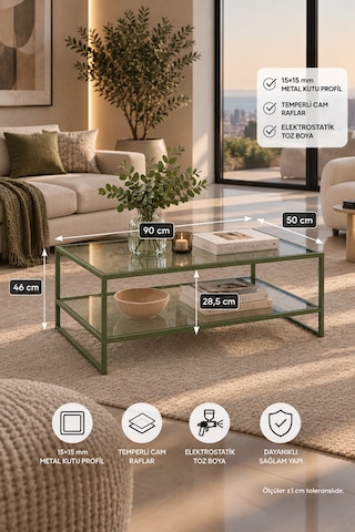 Teknor Şeffaf Camlı Yeşil Orta Sehpa Çift Raflı Modern Tasarım 90 50 46 Cm