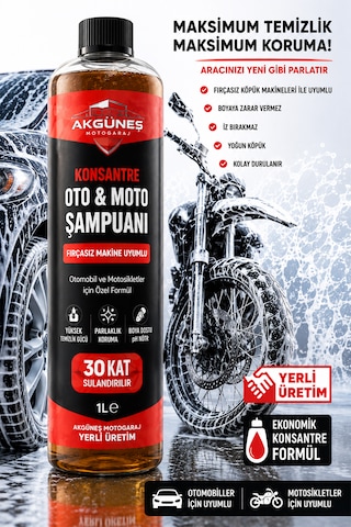 Akgüneş Motogaraj 1 Lt Konsantre Oto & Moto Şampuanı 30 Kat Sulandırılabilir Fırçasız Makine Uyumlu