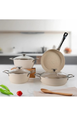 Güral Antoryum Pro 7 Parça Thermoguard Granit Tencere Takımı Bej Bej