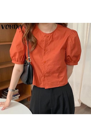 Turuncu Vonda Kadın Yaz Yuvarlak Yaka Puf Kısa Kollu Düğmeli Düz Renk Bol Bluz Turuncu