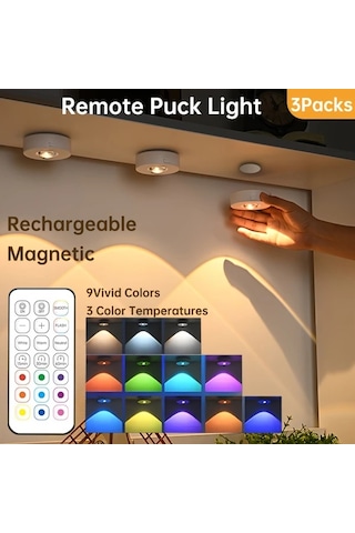 Motion003 3 Adet Şarj Edilebilir Manyetik Rgb Led Dolap Işıkları 3lü Paket Rgb Uzaktan Kum Ahşap