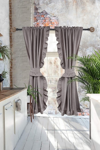 Poli Perde Çift Kanat Dikey Fırfırlı Açık Gri