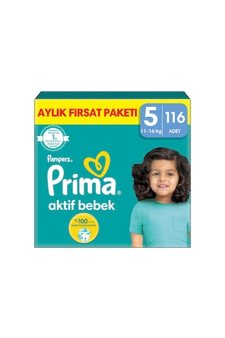 Prima Aktif Bebek 5 Beden Junior Bebek Bezi Aylık Fırsat Paketi 116 Adet