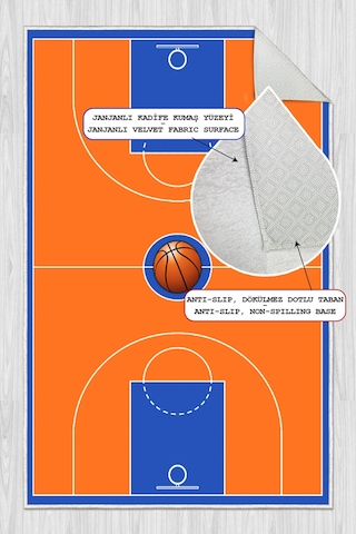Basketbol Sahası Desenli Yıkanabilir Kaymaz Taban Çocuk Oyun Halısı Turuncu