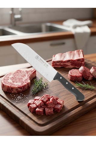 Sürmene Şef Aşçı Bıçağı Profesyonel Oluklu Santoku Bıçağı 31 Cm Pimli Sap Sürbisa 61095
