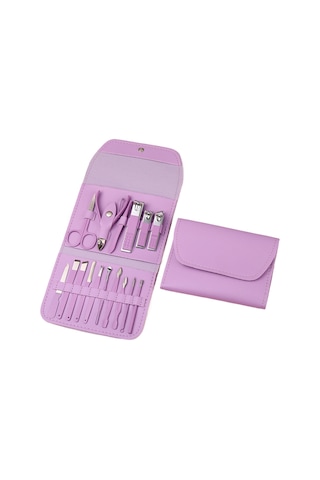 Kosona Stainless Steel Pedikür Ve Manikür Seti, 16 Parça Çift Uçlu, Pembe, Çelik Malzeme, Folding Çanta İçerisinde Mor