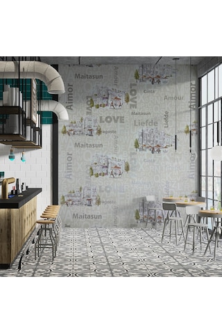 Cafe Harfli Şehirli Krem 16 M2 Duvar Kağıdı 10362-1 Çok Renkli