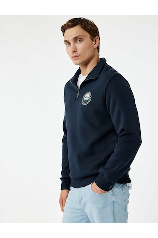 Koton Şardonlu Baskılı Yarım Fermuarlı Lacivert Erkek Sweatshirt 6wam70036mk Lacivert