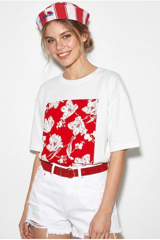 Shade Kadın Bisiklet Yaka Çiçek Baskılı Oversize %100 Pamuklu T-shirt Öt100001 60286273 - Beyaz-kırmızı Beyaz - Kırmızı