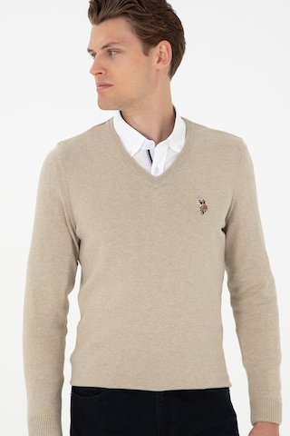 U.S. Polo Assn.  Erkek Slim Fit V Yaka Haki Melanj Basic Kazak 50288885-VR193