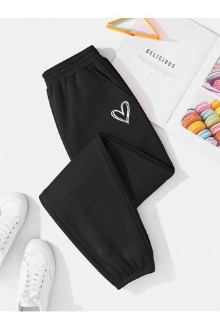 Kalp Logo Eşofman Altı Jogger - Siyah Baskılı Lastik Paça Yüksek Bel Siyah