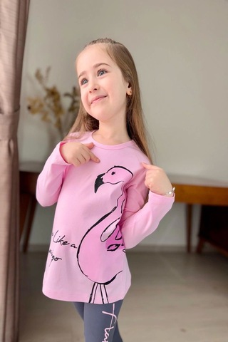 Flamingo Desenli Pembe Renk Kız Çocuk Mevsimlik Taytlı Takım Pembe