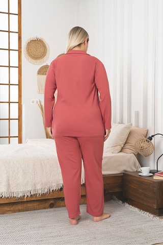 Büyük Beden Boydan Düğmeli Kaşkorse Kumaş Pijama Takımı Nar Çiçeği
