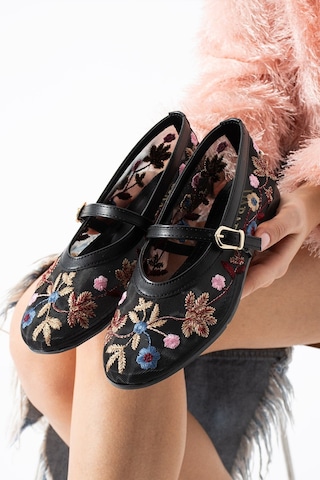 Dabab Shoes Begonıa Kadın Siyah Çiçek Nakışlı Transparan Babet Ayarlanabilir Bantlı Tokalı Düz Taban Ayakkabı