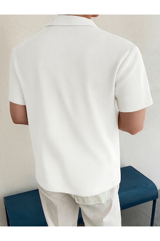 Genius Store Erkek Oversize Polo Yaka Waffle T-shirt Poloyaka-düğmeli Beyaz