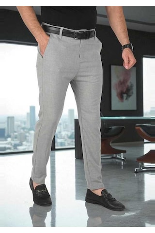 Deepsea Erkek Gri İtalyan Kesim Tüylenmez Likralı Spor Pantolon Esnek Kumaş Bilek Boy Boru Paça Klasik Pantolon 2502005 Gri