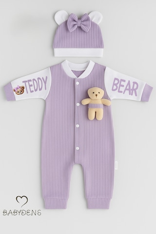 Babyden's Teddy Bear Temalı Yenidoğan Fitilli Tulum Takımı Ayıcıklı Kız Bebek Tulum Şapka Set %100 Pamuk Lila