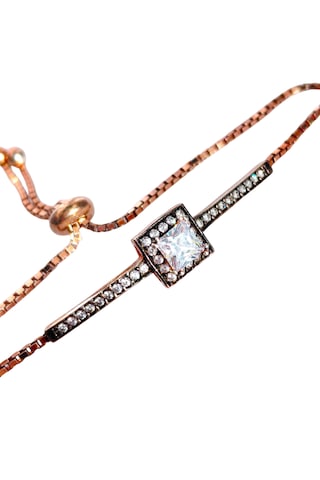 Luna Luster 925 Ayar Gümüş Kare Princess Kesim Halo Gold Tasarım Ayarlanabilir Kadın Bileklik. Altın